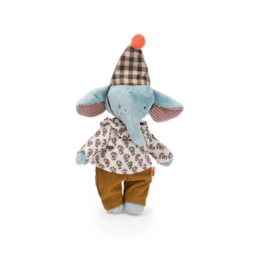 Blue elephant articulated plush doll wearing floral shirt and brown corduroy trousers