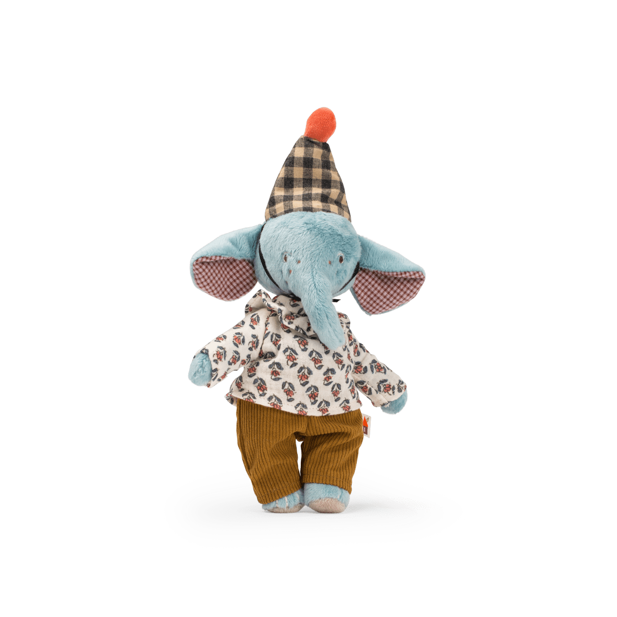 Front view of blue elephant doll with pink gingham ear lining and floral print shirt