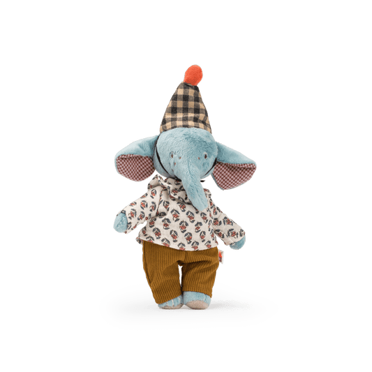 Front view of blue elephant doll with pink gingham ear lining and floral print shirt