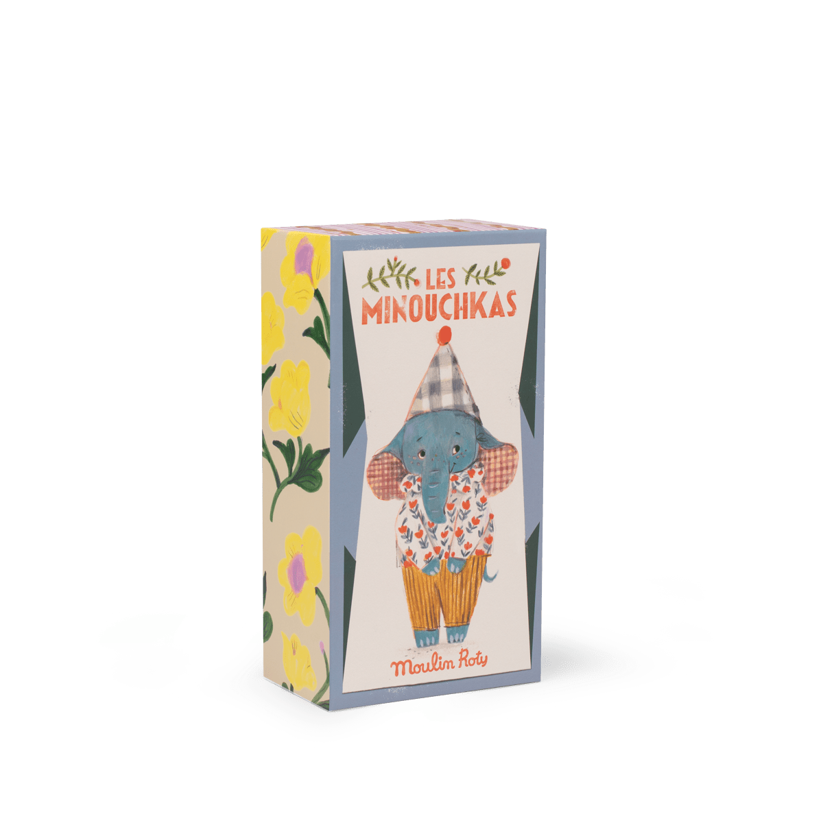 Pablo l'éléphant Les Minouchkas articulated doll packaging box with yellow flowers