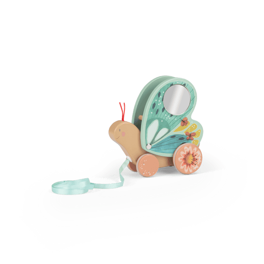 Rear view of Moulin Roty wooden butterfly pull-along toy with floral wings and peach wheels