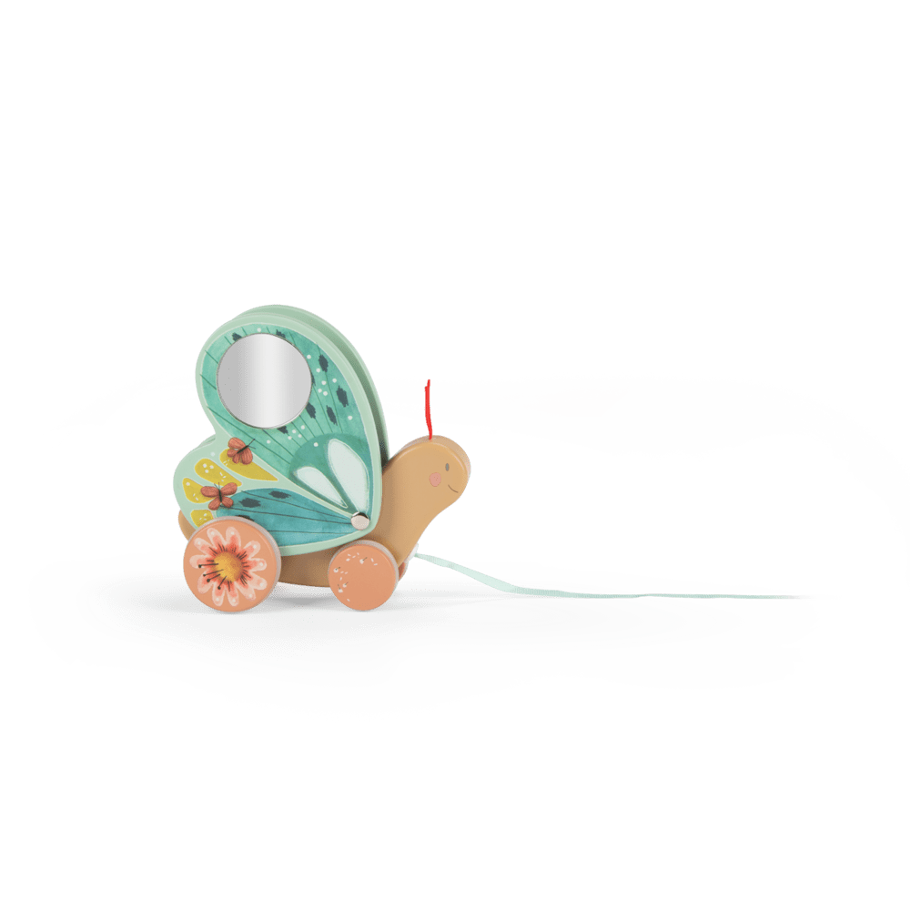 Wooden butterfly pull-along toy with teal floral wings, mirror, and light blue string