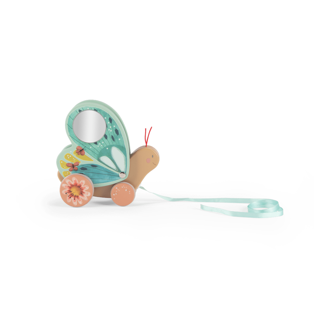 Left side view of wooden butterfly toy with painted butterflies on mint green wings