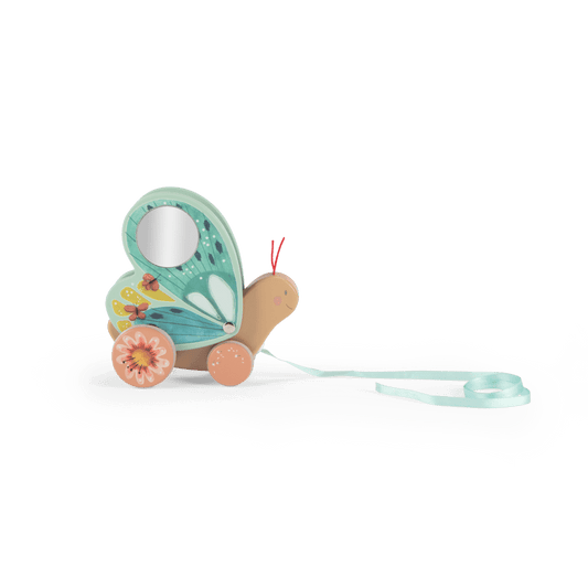 Left side view of wooden butterfly toy with painted butterflies on mint green wings