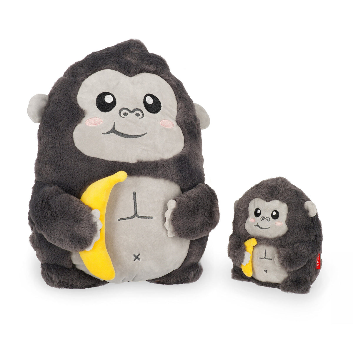 Large and small grey plush gorillas showing size variants