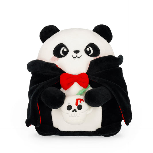 Front view of Halloween vampire panda plush detail