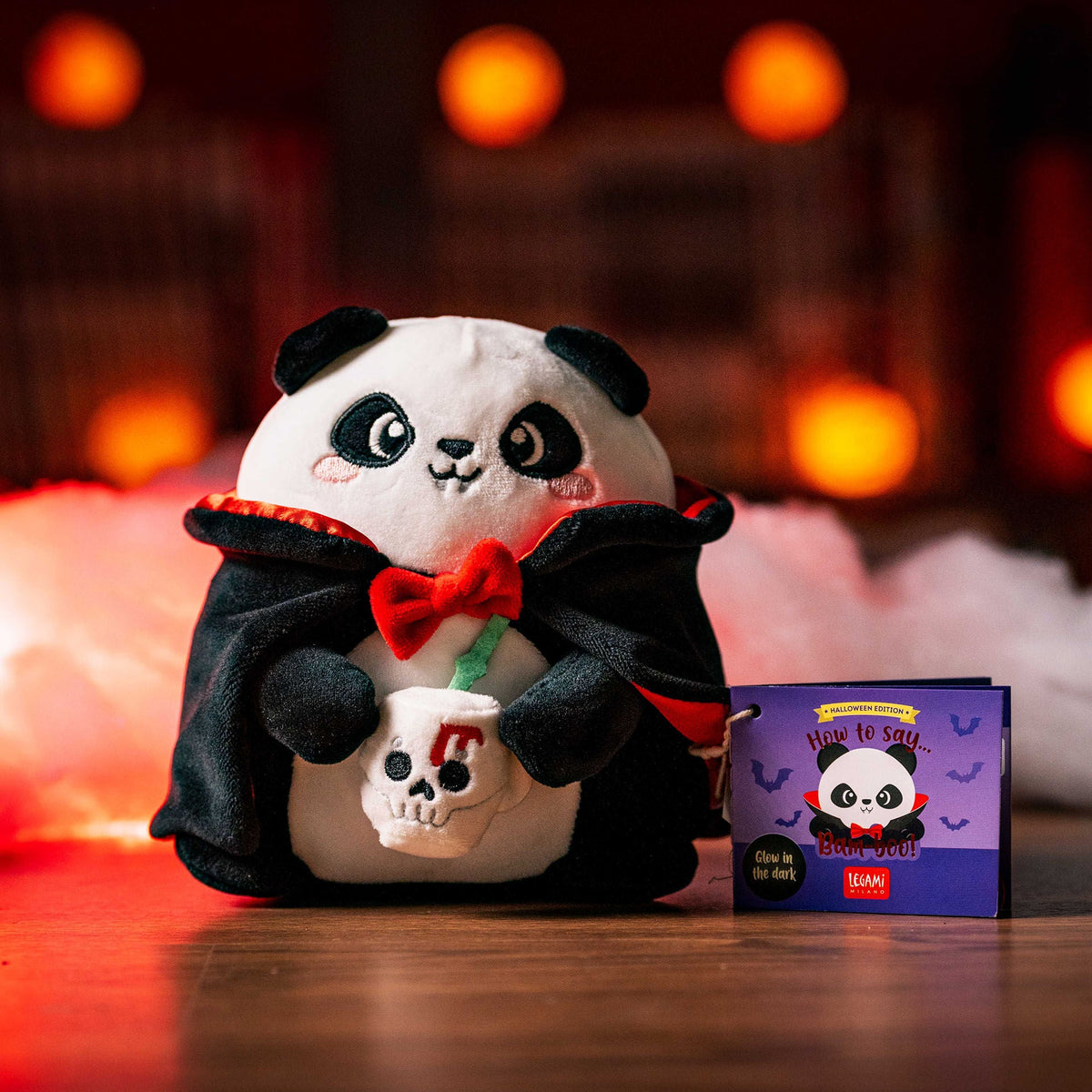Vampire panda plush next to Legami Halloween tag
