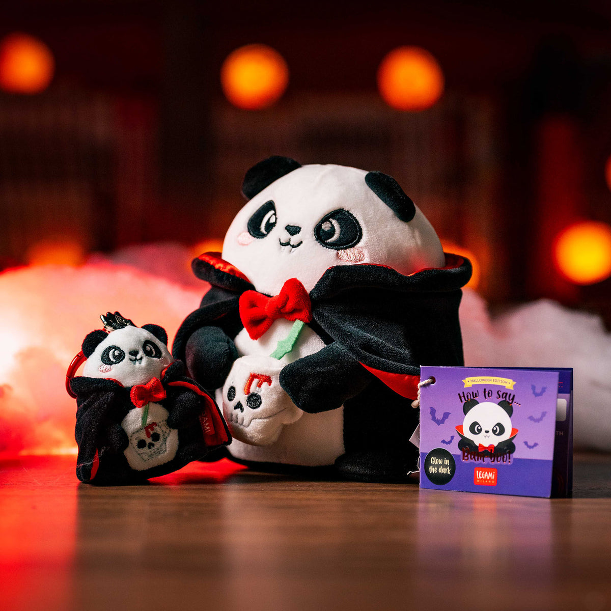 Large and small vampire panda plush with glow tag