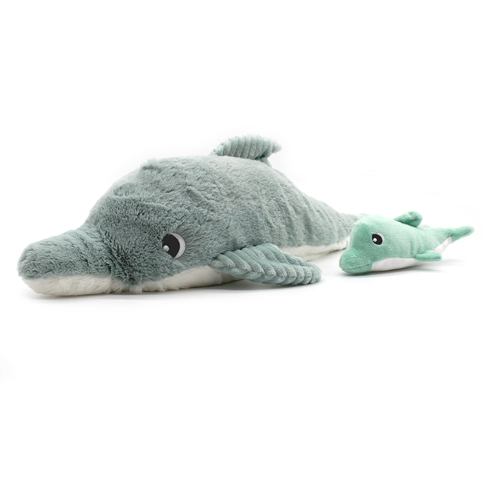 Peluche dauphin Tofou maman et son bébé vert menthe