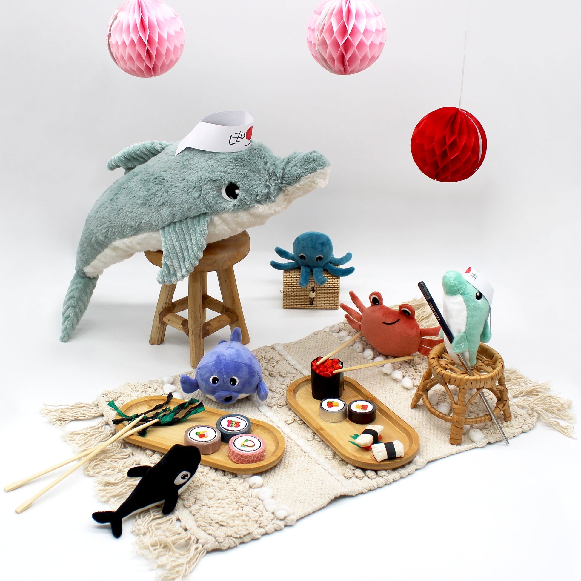 Peluche dauphin Tofou maman et son bébé vert menthe
