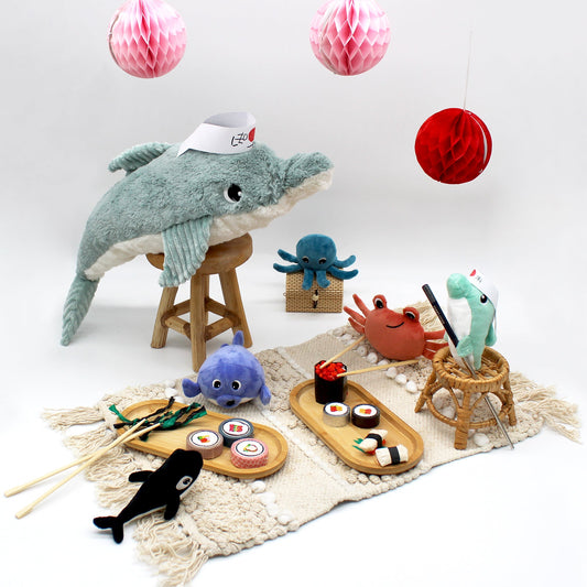 Peluche dauphin Tofou maman et son bébé vert menthe