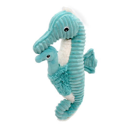 Peluche hippocampe Papadou avec son bébé bleu aqua