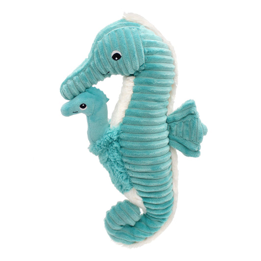 Peluche hippocampe Papadou avec son bébé bleu aqua