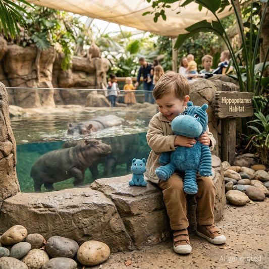 Peluche hippopotame Bibou maman et son bébé bleu