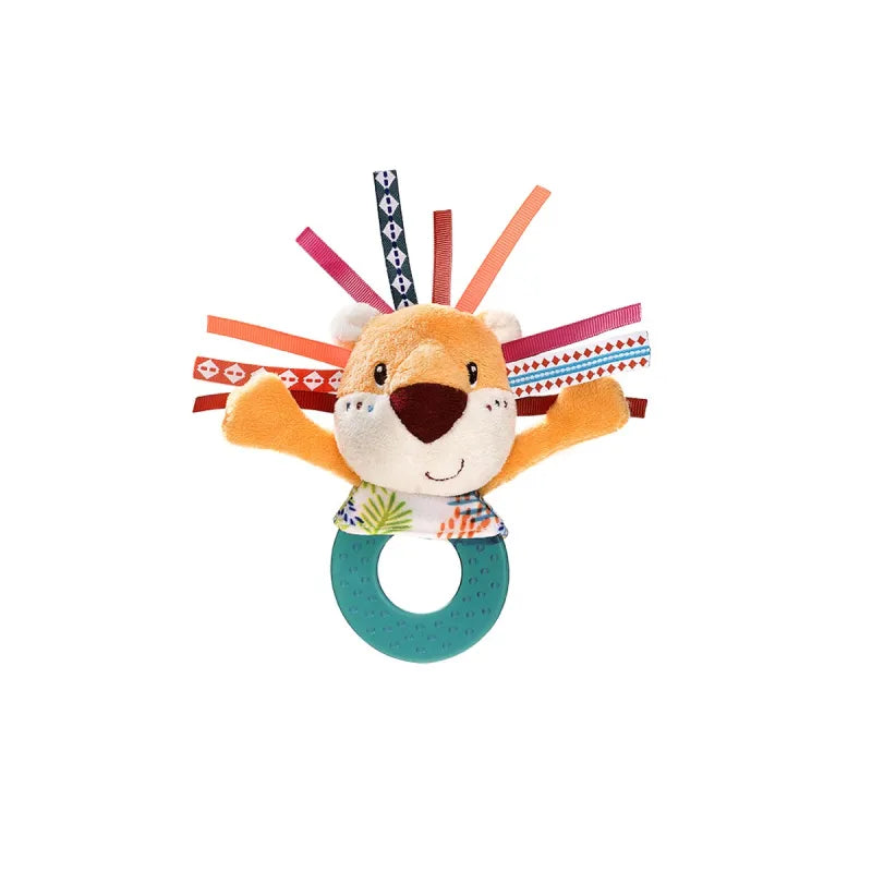 Lion plush rattle with colorful ribbon mane, leaf pattern bib, and teal teether ring