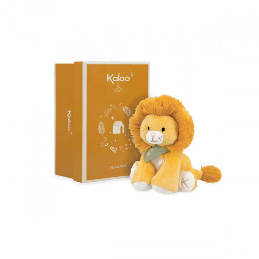 Kaloo Nougat lion plush beside branded orange gift box packaging