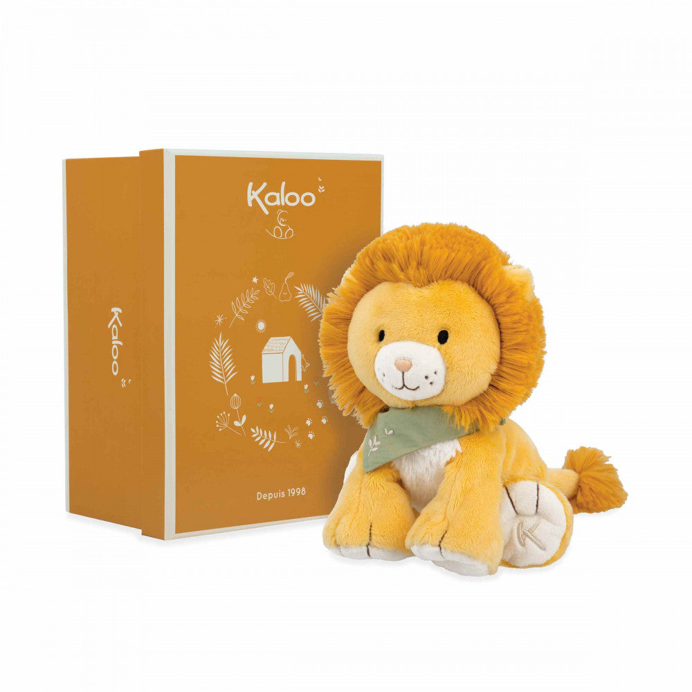 KALOO Nougat lion plush beside branded orange packaging box