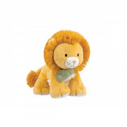 Side profile of seated KALOO Nougat yellow plush lion toy