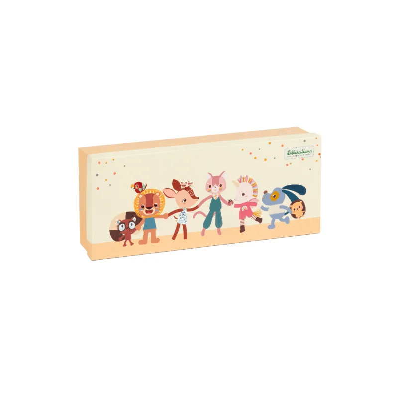 Lilliputiens illustrated gift box featuring cartoon animals holding hands