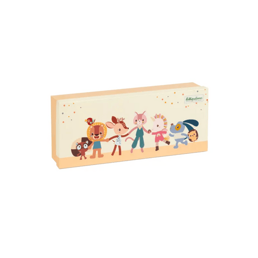 Lilliputiens illustrated gift box featuring cartoon animals holding hands