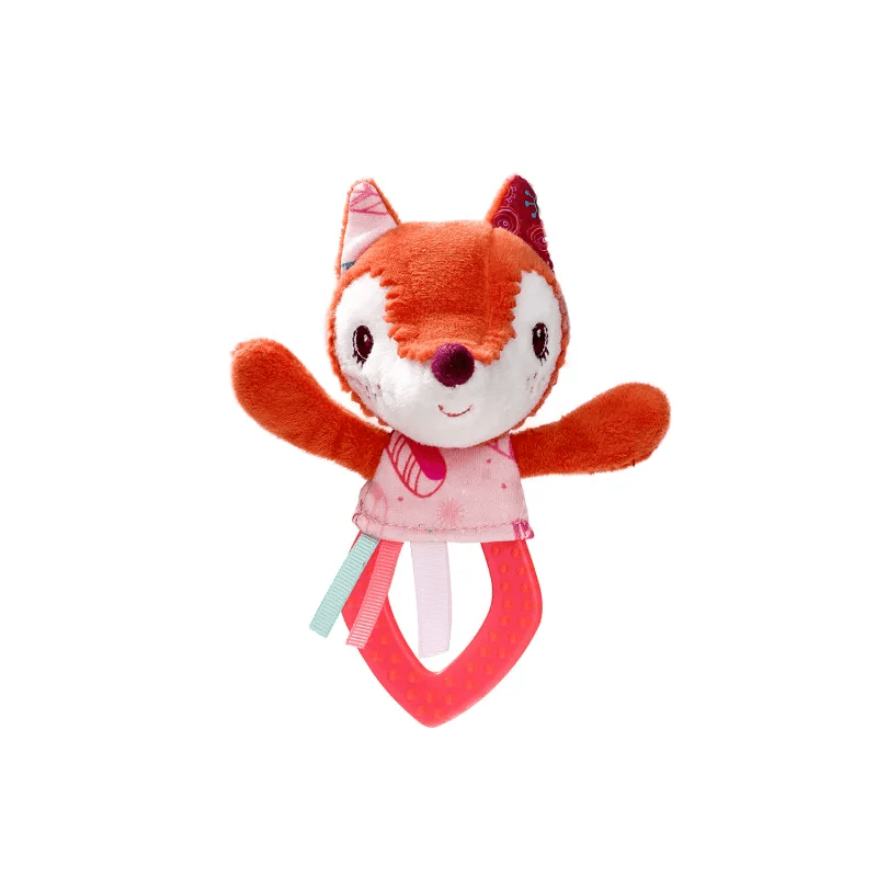 Lilliputiens Alice plush fox rattle with pink teething ring for babies