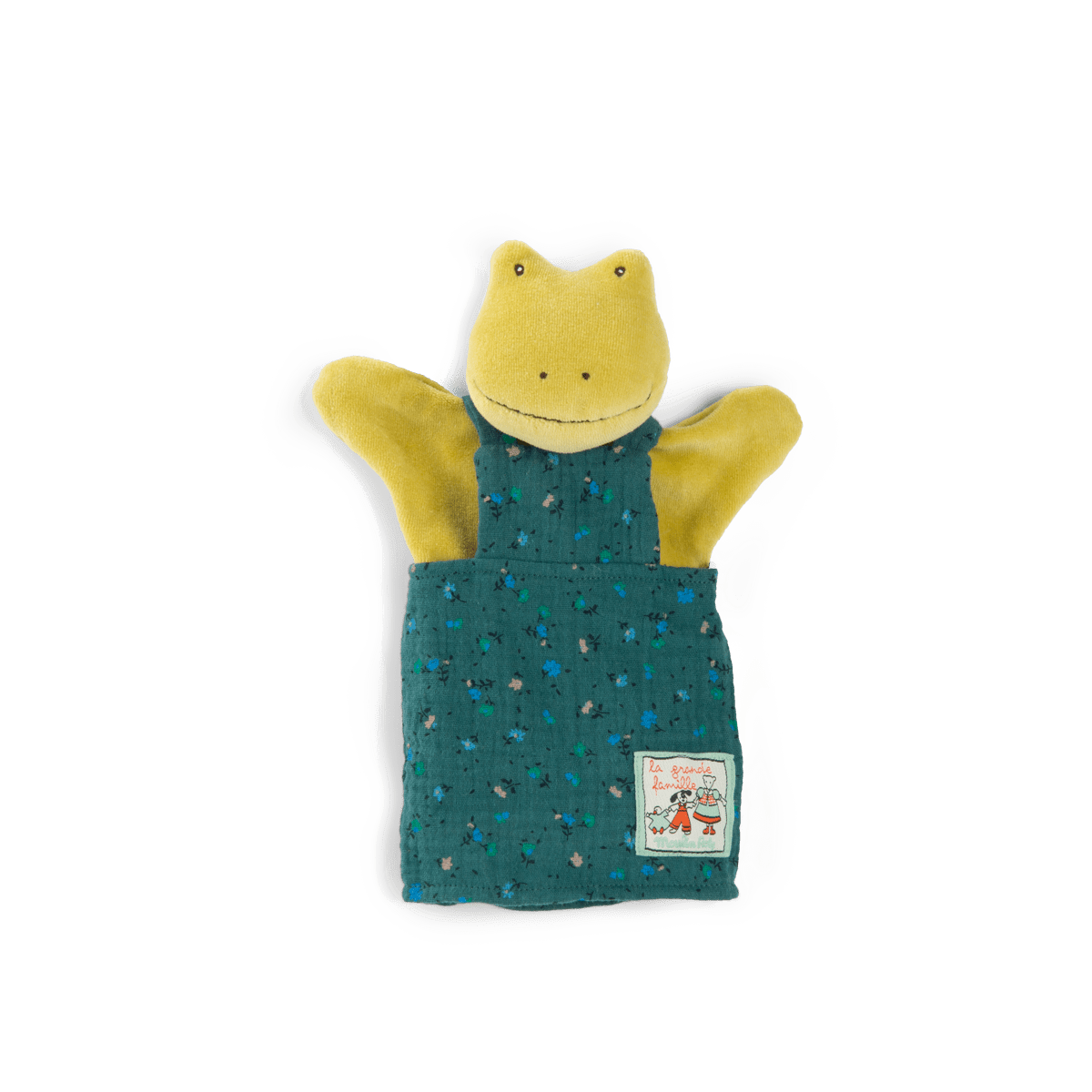 Yellow velvet frog hand puppet in teal floral overalls with embroidered label