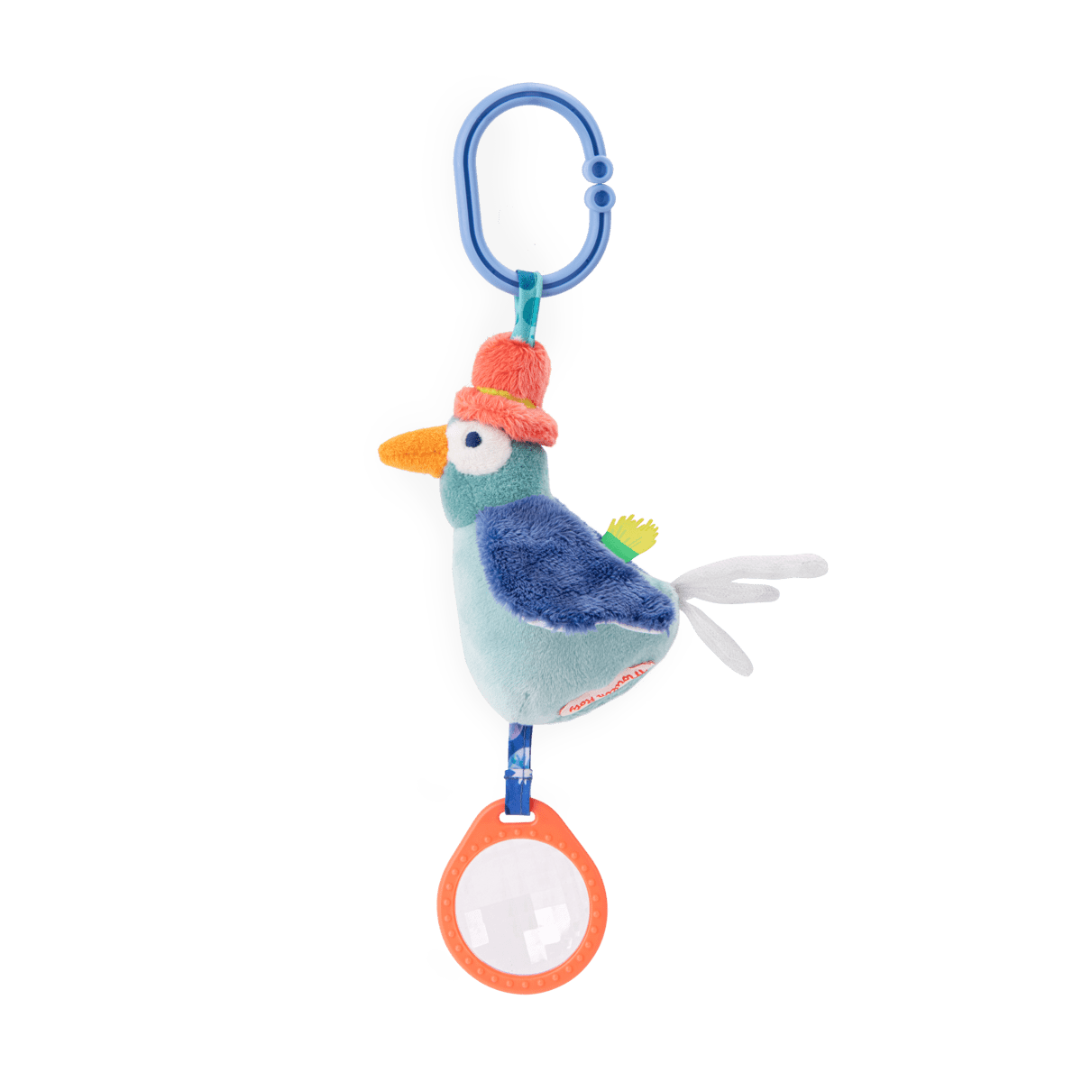 Side view of Moulin Roty bird sensory plush with blue clip