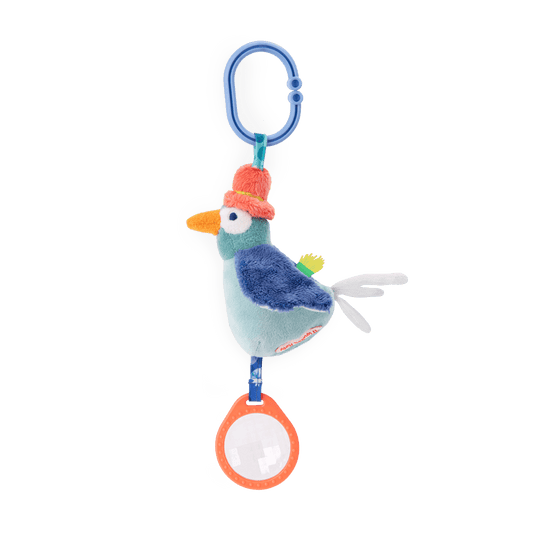 Side view of Moulin Roty bird sensory plush with blue clip