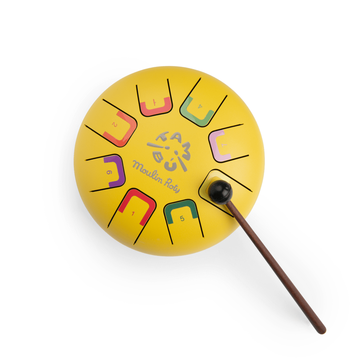 Close-up of yellow tongue drum green tongue labeled five