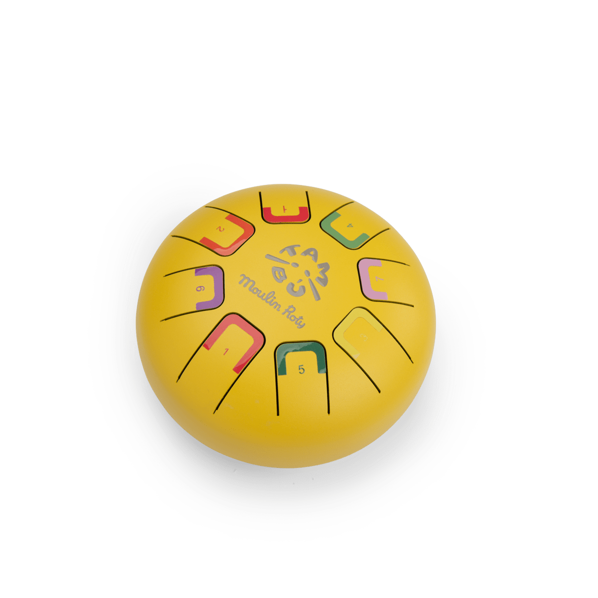 Yellow Moulin Roty tongue drum with colorful numbered metal tongues