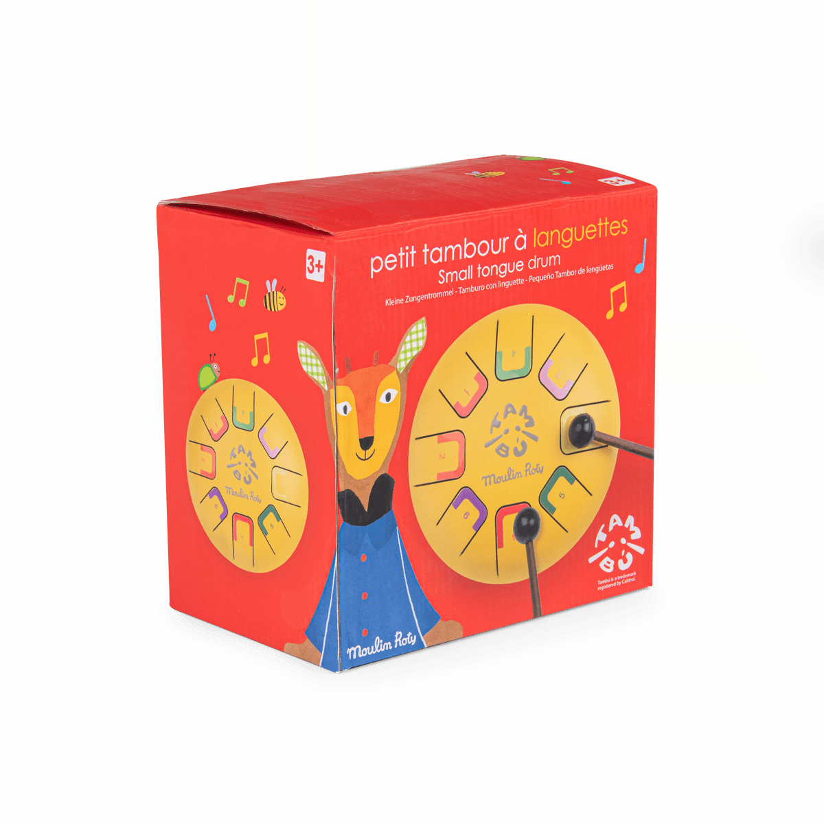 Moulin Roty red box art featuring deer and yellow tongue drum