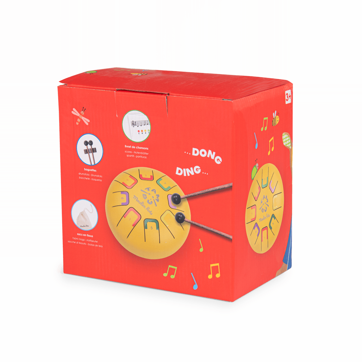 Red Moulin Roty packaging box for small tongue drum set