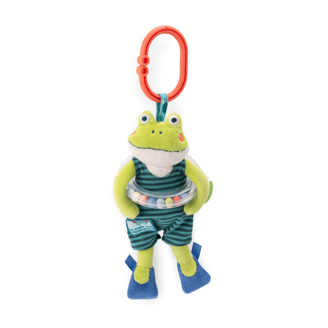 Green plush frog baby rattle with transparent bead ball and clip