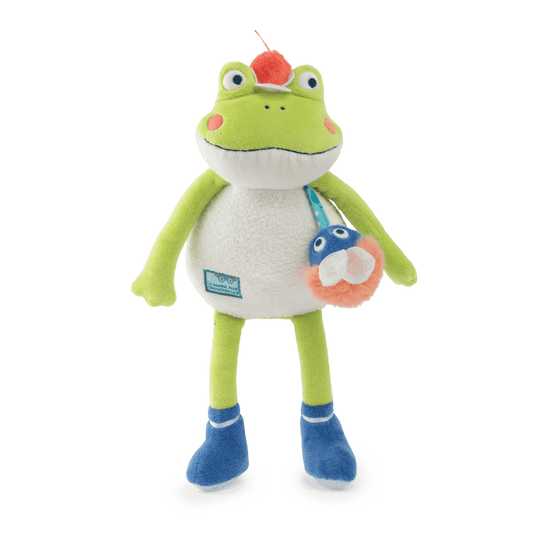 Lime green plush frog baby rattle with fish toy and carabiner clip
