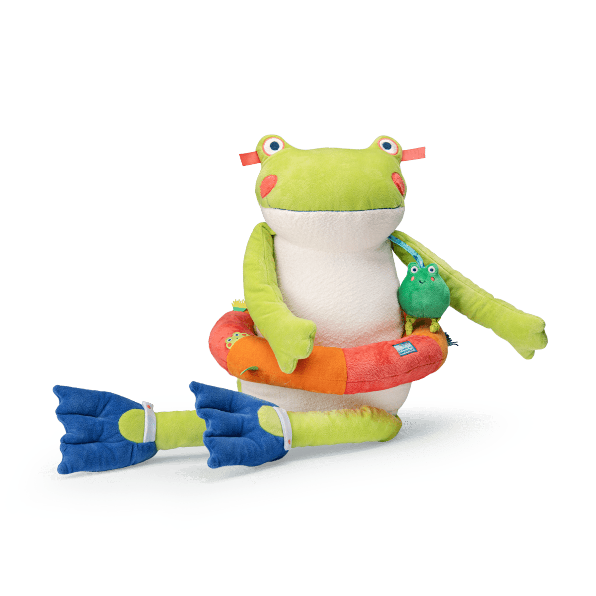 Seated green plush frog with swim ring holding smaller companion
