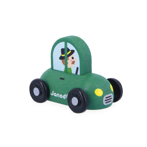 Green Janod wooden toy car with arched roof and character window