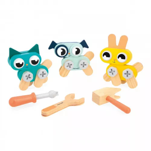 JANOD wooden animal construction set with teal cat, mint dog, and yellow rabbit