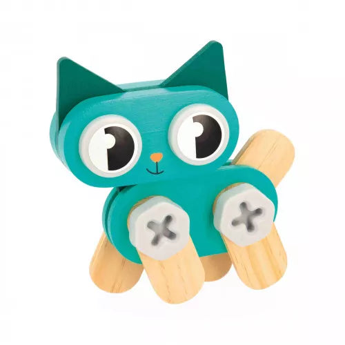 Assembled teal wooden cat toy with natural wood legs