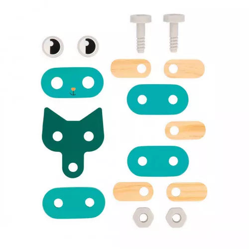 Disassembled teal wooden cat parts with screws and tools for kids
