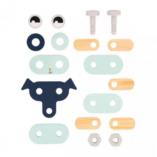 Flat lay of mint green and blue wooden dog toy components