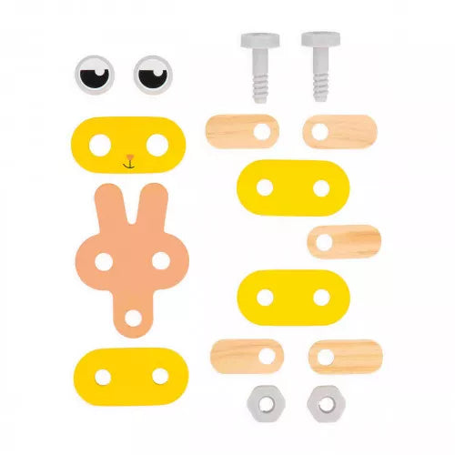 Disassembled yellow wooden rabbit parts with screws and nuts
