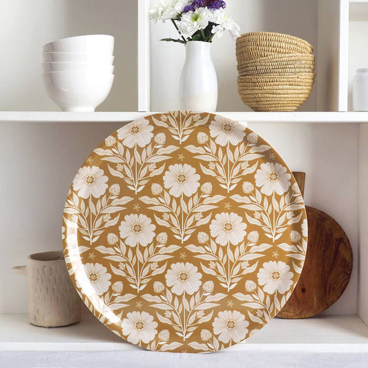 Plateau rond en bouleau motif Folk ocre - 38cm -