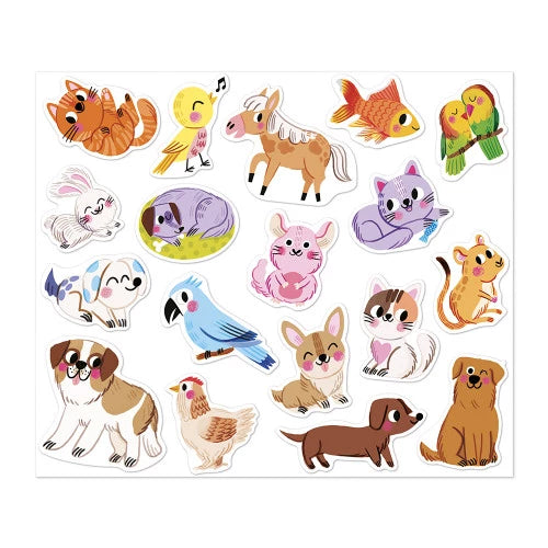 Single sheet of 16 colorful cartoon pet stickers including cats, dogs, and birds
