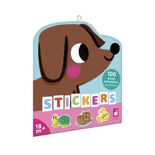 Dog-shaped JANOD sticker pack with 100 big animal stickers for ages 18 months+
