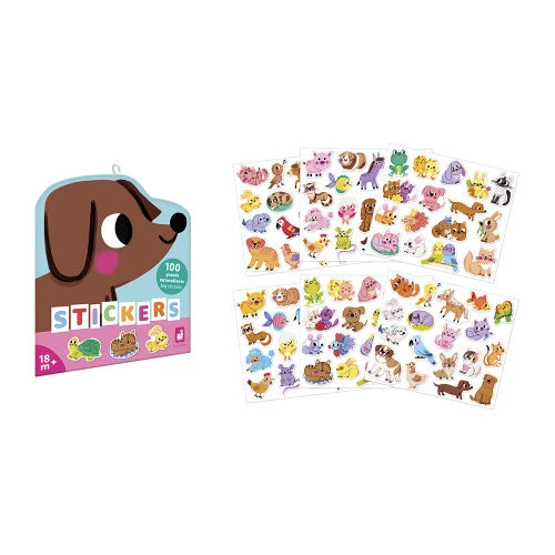 JANOD dog-shaped sticker packaging showing 100 large animal stickers inside