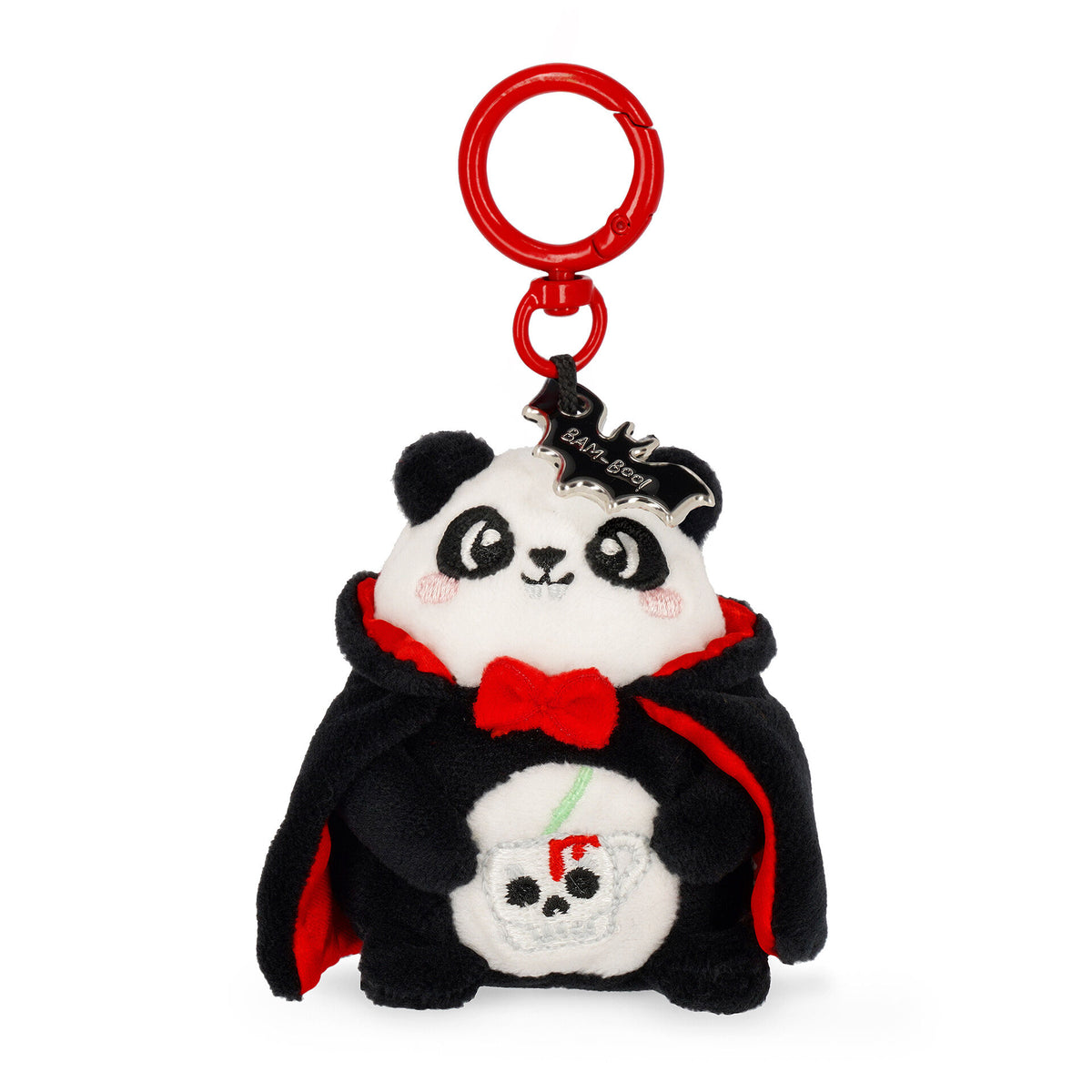 Halloween plush panda keychain with vampire cape and bat charm