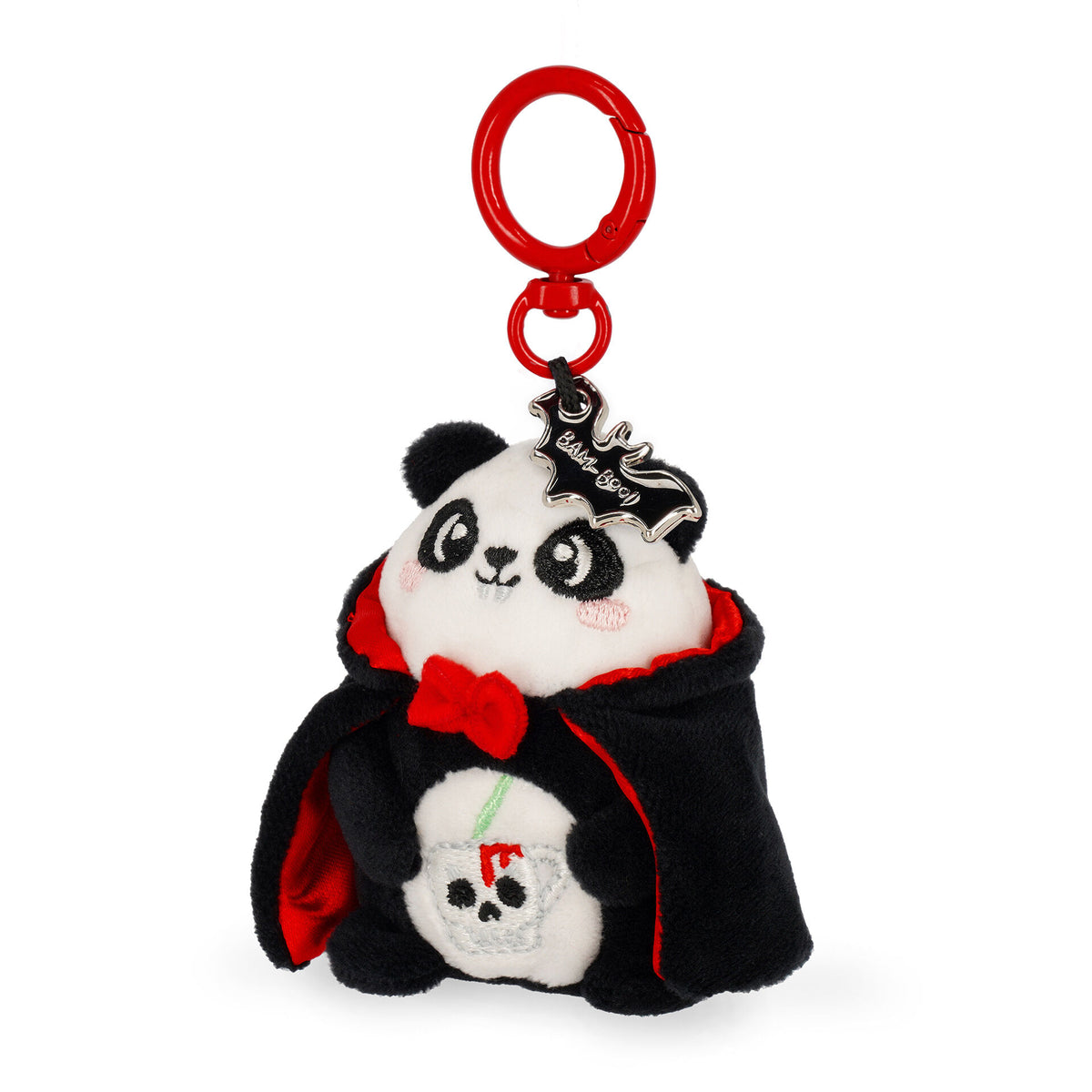 Three-quarter view of plush panda keychain with skull cup detail