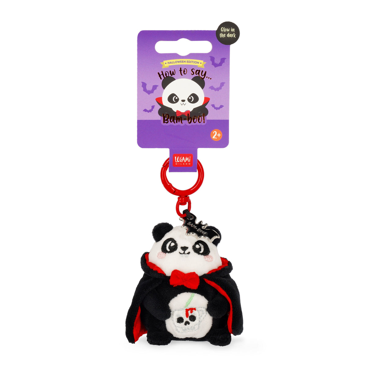 Panda keychain on Halloween Edition packaging with glow-in-dark sticker