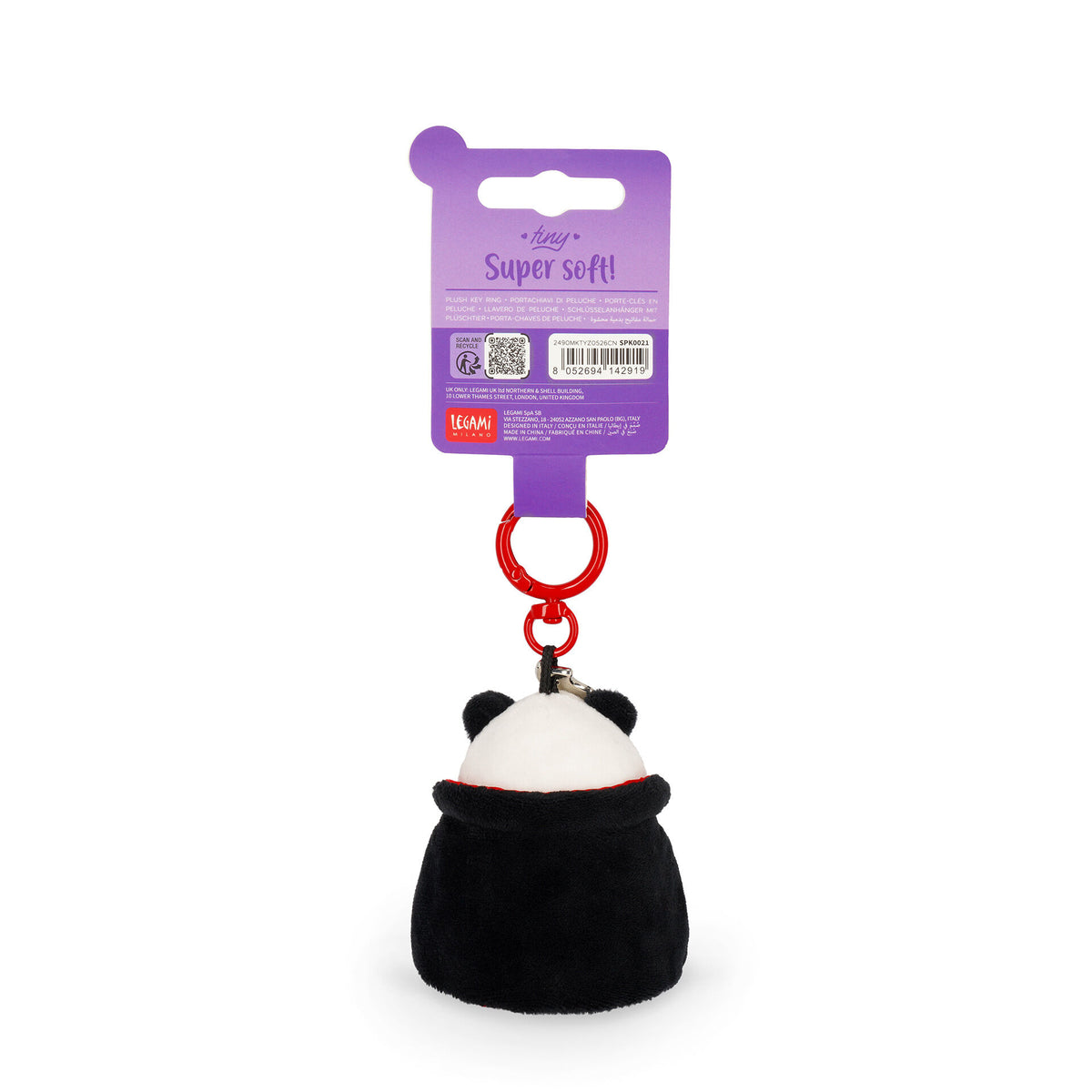 Plush panda keychain back view on purple retail packaging card