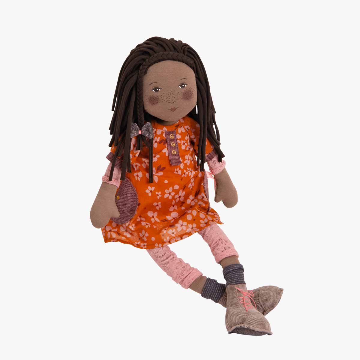 Moulin Roty Camelia doll in orange floral dress with pink lace leggings and grey boots
